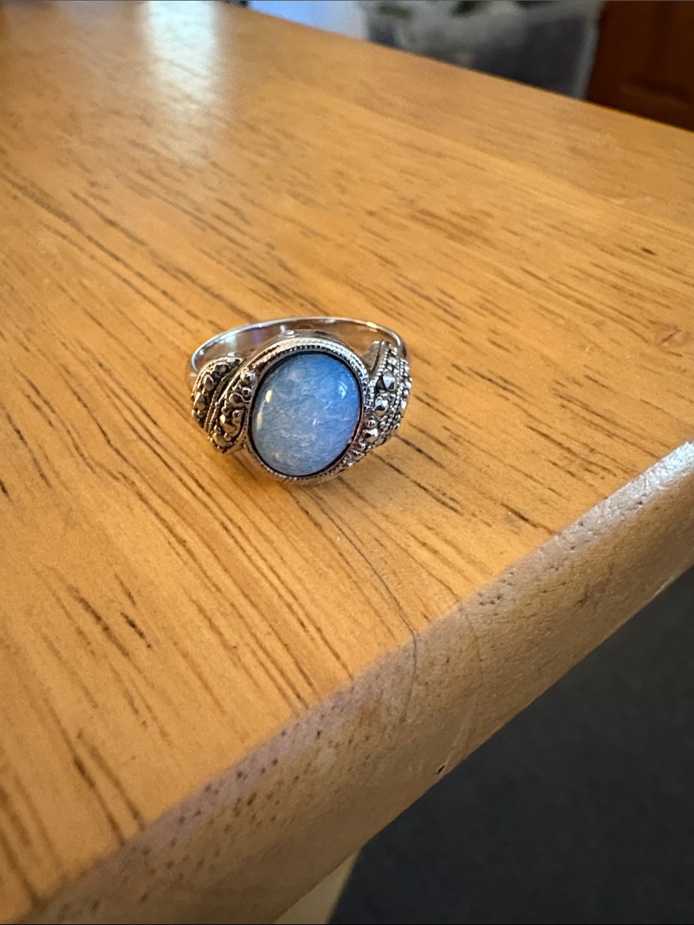 VTG Silver Tone Faux Marcasite Blue Lab Opal Ring Sz.7 Rare Find Avon
